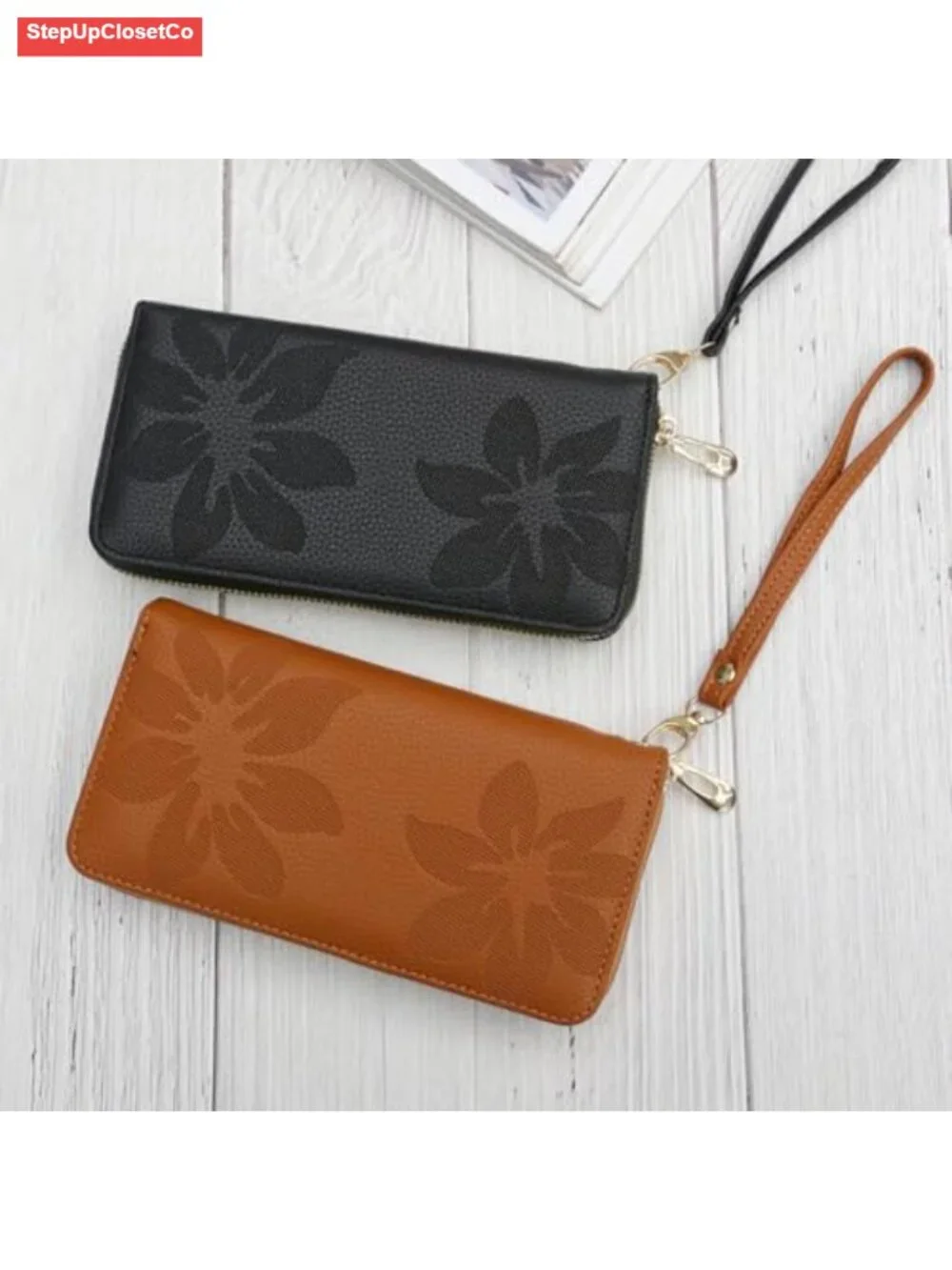 Floral Vegan Leather RFID Wristlet Wallet for Women Zip Around Clutch Purse